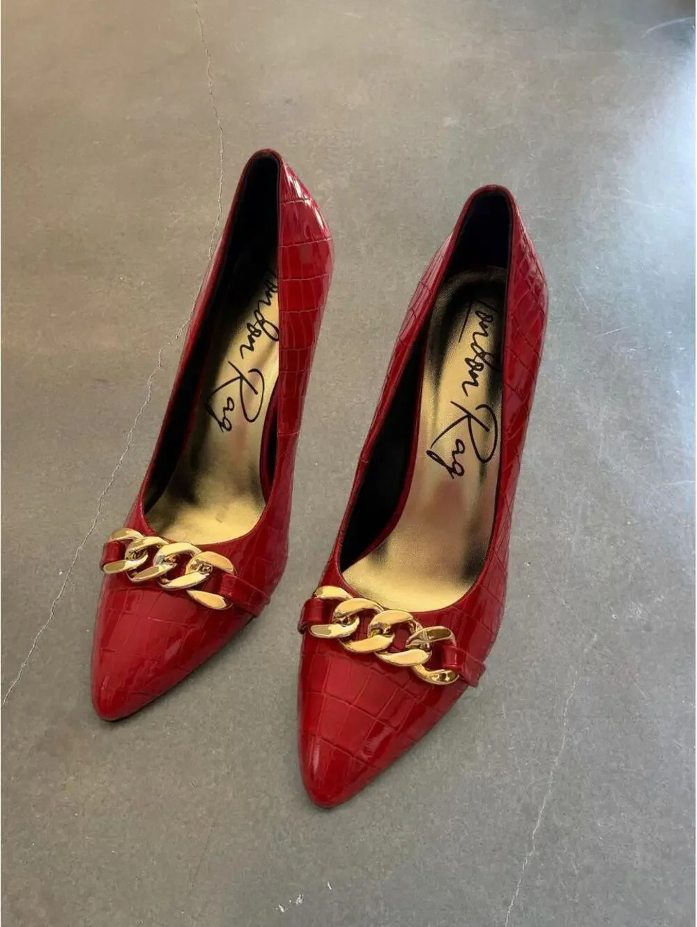 Red Croc Embossed Chain Stiletto Pumps Y2K Glam Pointed Toe